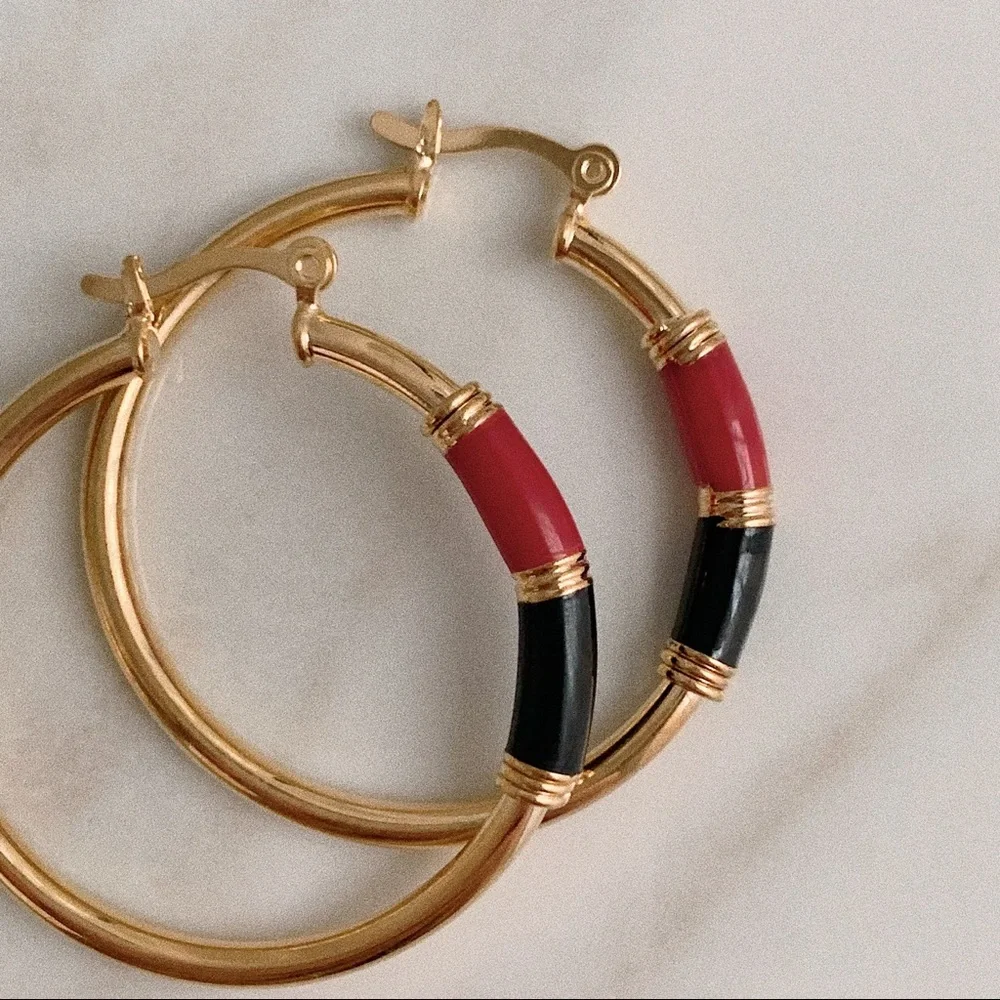 Red Black Enamel Tube Hoops | 18k Gold Filled - Picture 3 of 6